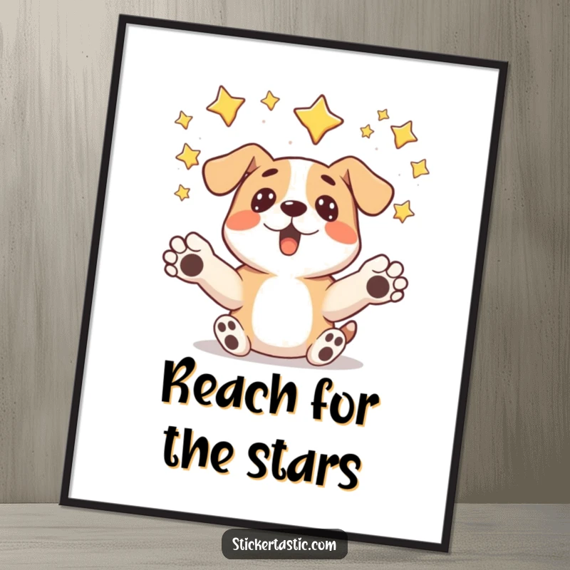 Funny surprised dog poster featuring a dog humorously catching falling stars, ideal for magical and whimsical wall decor.