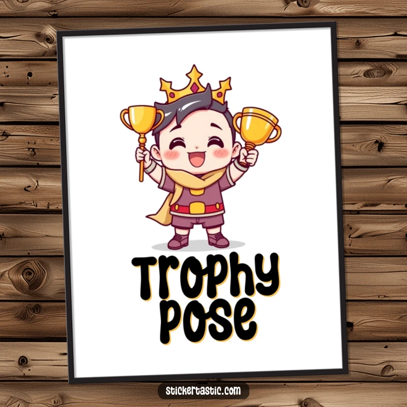 Funny poster art of a victorious cartoon character striking a triumphant pose with a well-deserved trophy, radiating success.