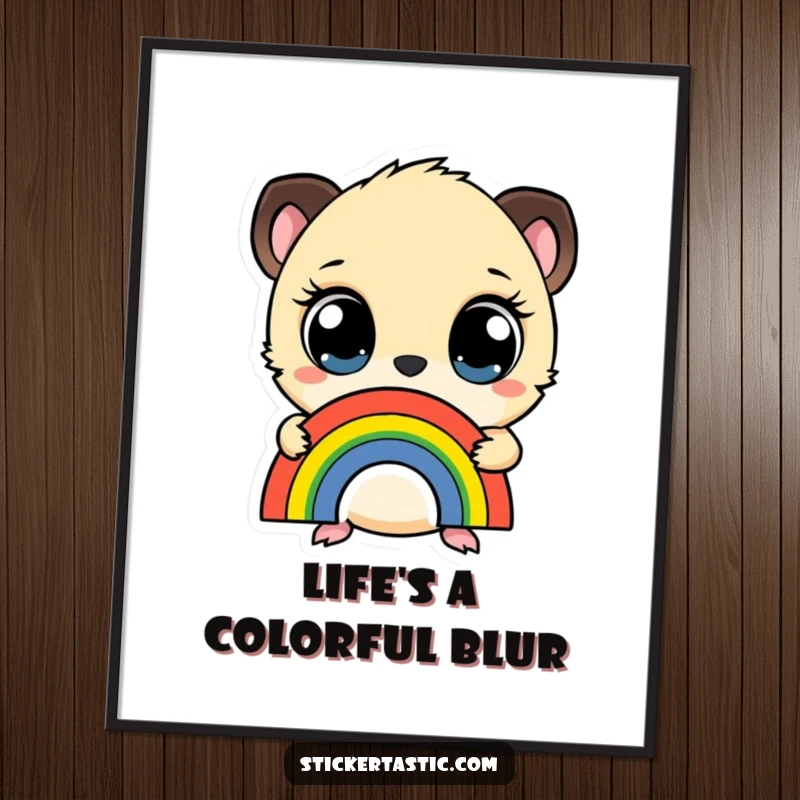 Funny poster featuring a small creature with wide eyes holding a rainbow sticker, adding a touch of adorable and whimsical art.