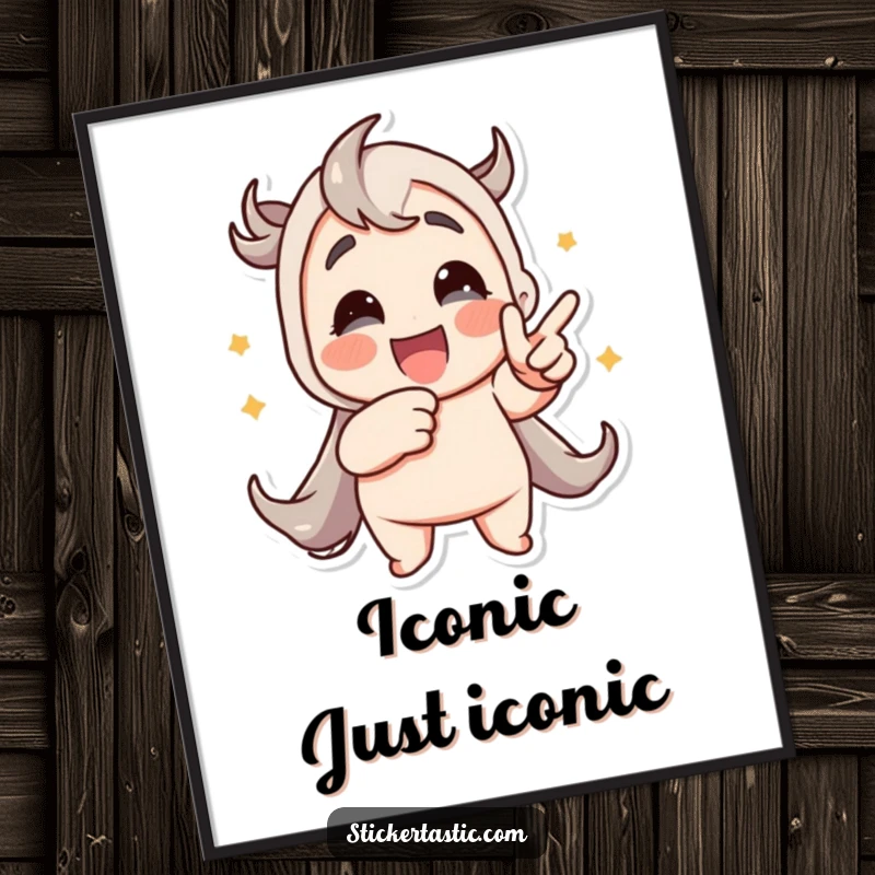 Funny poster showcasing a character gleefully pointing at an energetic, animated sticker, celebrating the thrill of sticker collecting.