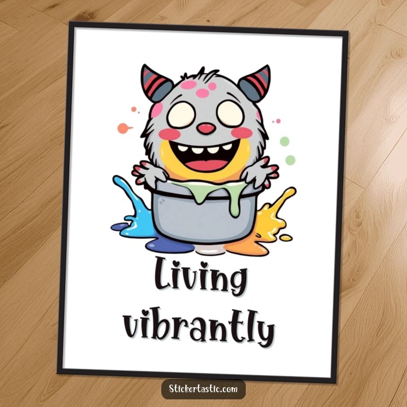 Funny monster character gleefully splashing paint in a pot, creating a colorful and humorous art print for walls.