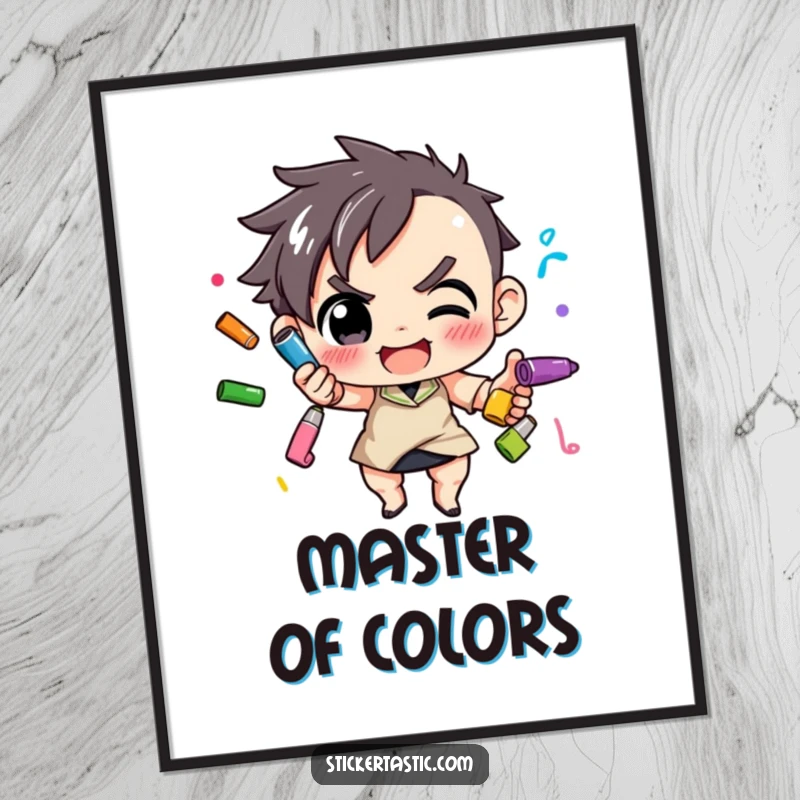 Funny Poster: A determined character performing a skillful juggle with multiple vibrant markers. Great funny gift for art studios.