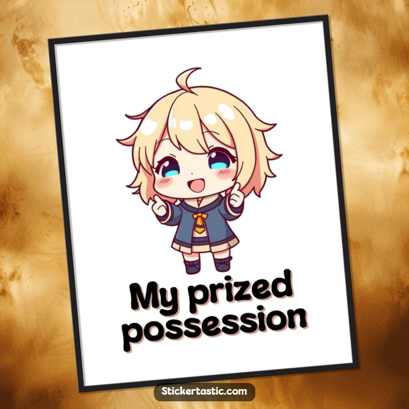 Funny Poster: Happy character proudly showing off a shiny new sticker, radiating pure delight. Perfect funny gift.