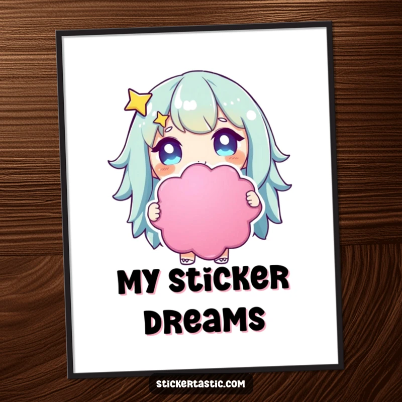 Funny starry-eyed character poster of a character holding a huge, colorful sticker, eyes full of wonder and excitement.
