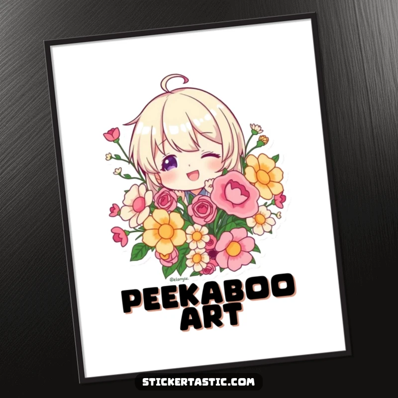 Funny character playfully peeking from behind a sticker bouquet on a poster, radiating curiosity and fun, a great decor gift.