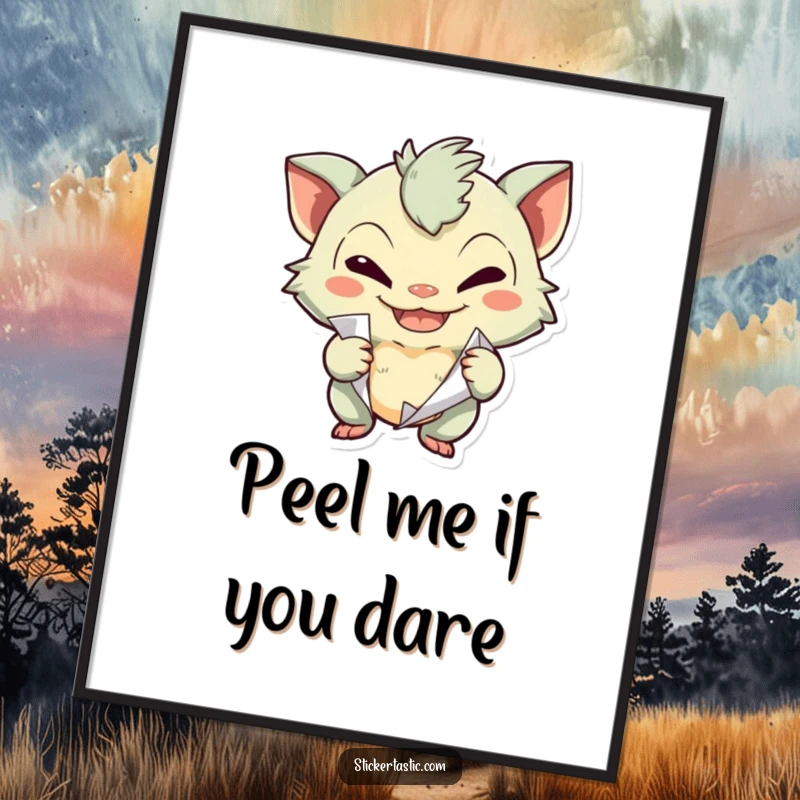 Funny creature with a mischievous grin caught peeling a sticker on a poster, creating a humorous focal point.
