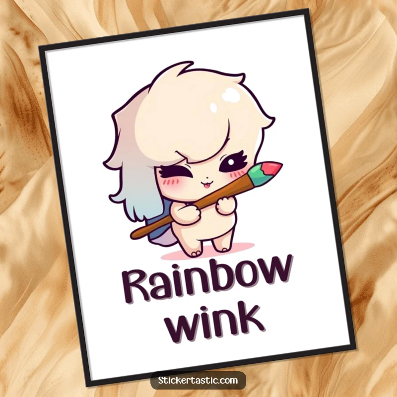 Funny poster art of a mischievous cartoon character winking playfully while holding a vibrant rainbow paintbrush, ready to create.