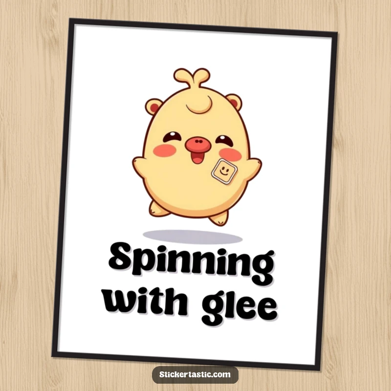 Funny giggling sticker poster showing a character spinning with a sticker playfully on its nose, perfect for dynamic and humorous decor.