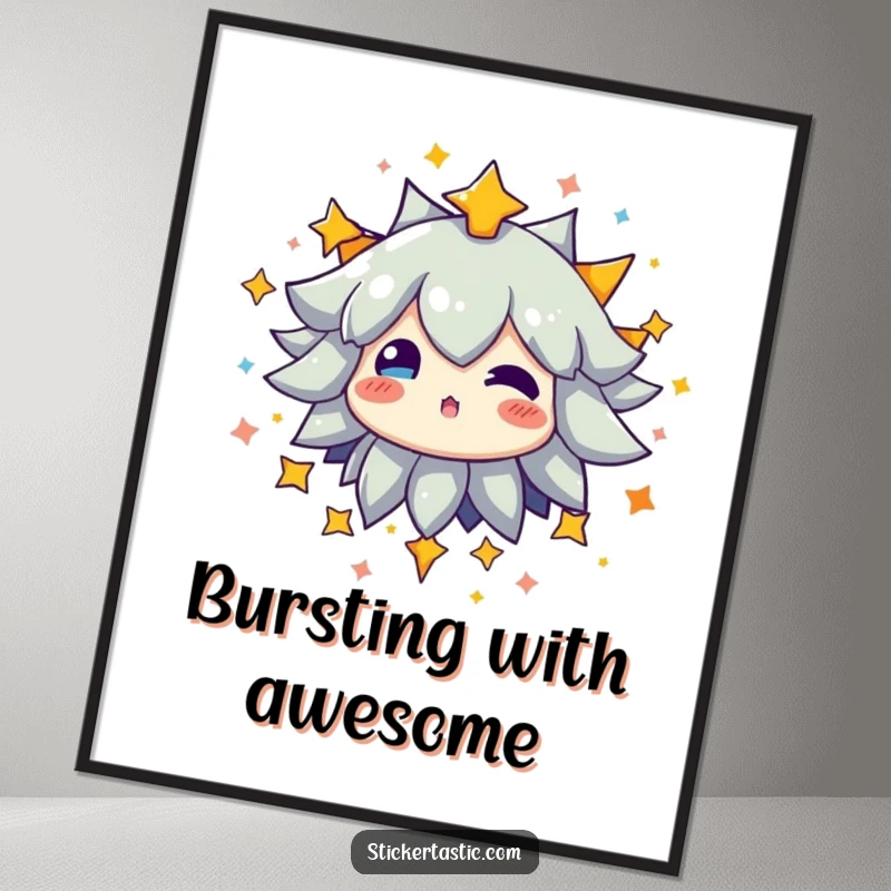 Funny poster featuring a character exploding with a radiant cascade of bright, multi-colored stars, creating a dazzling effect.