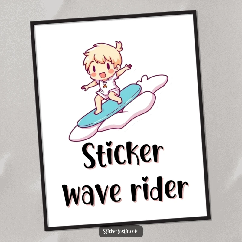 Funny Poster: Happy character surfs with glee on a huge, floating sticker, capturing a moment of pure, adventurous fun.