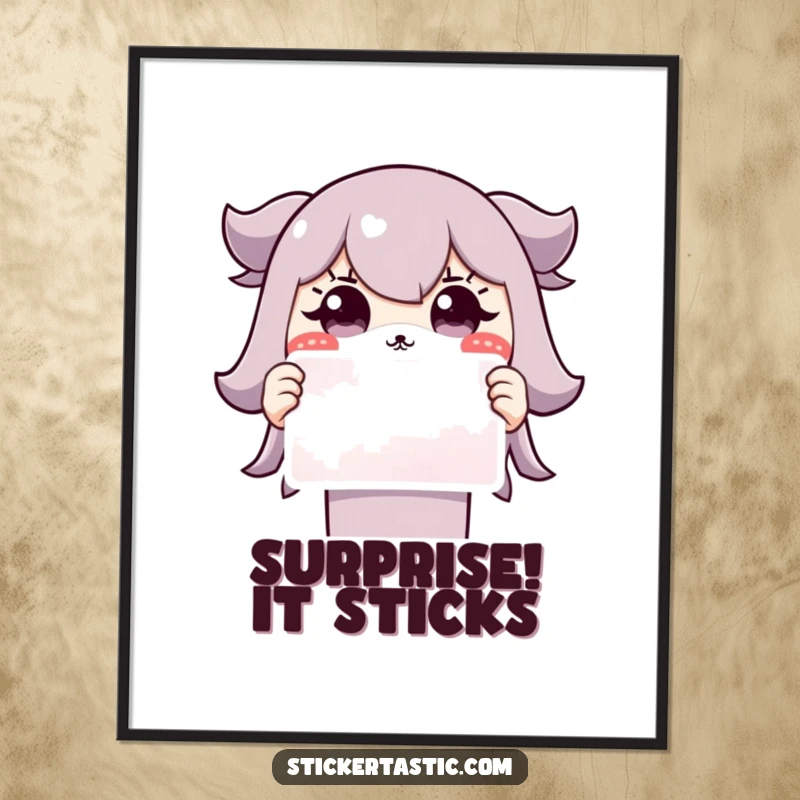 Funny Grinning Character Poster: A cute character displays a wide, surprised grin while holding a colorful sticker, perfect wall art.