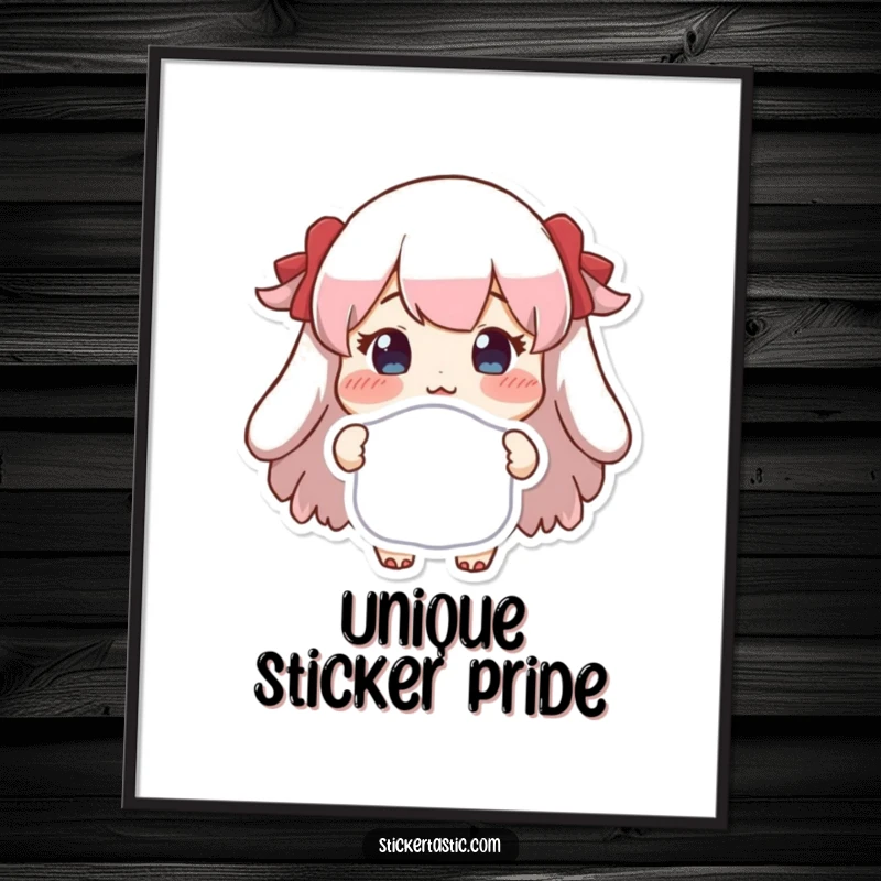 Funny poster art depicting a character with blushing cheeks proudly presenting a special, uniquely shaped sticker, exuding charm.