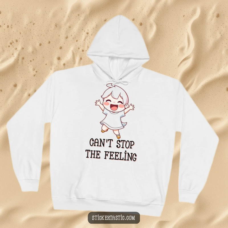 Funny hoodie featuring a joyful character executing a vibrant, energetic dance move. Soft and humorous loungewear.