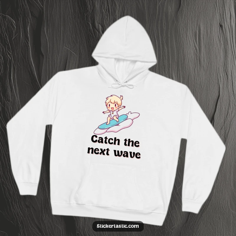 Funny Hoodie: Happy character joyfully surfs on a massive floating sticker, offering warmth and playful vibes.