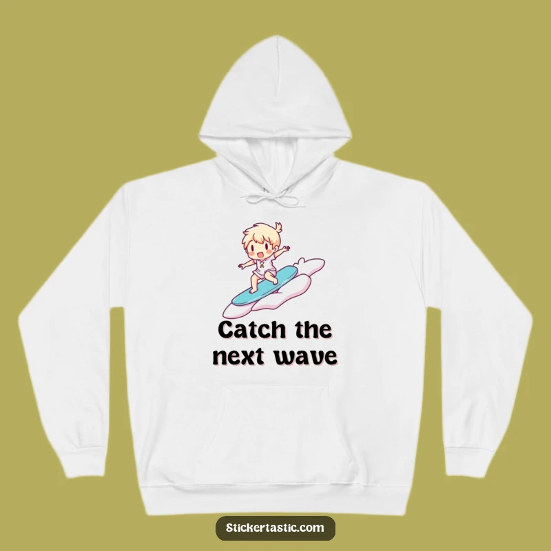 Funny Surfer Sticker Hoodie: Cozy Waves with a Happy Character, Great Funny Gift