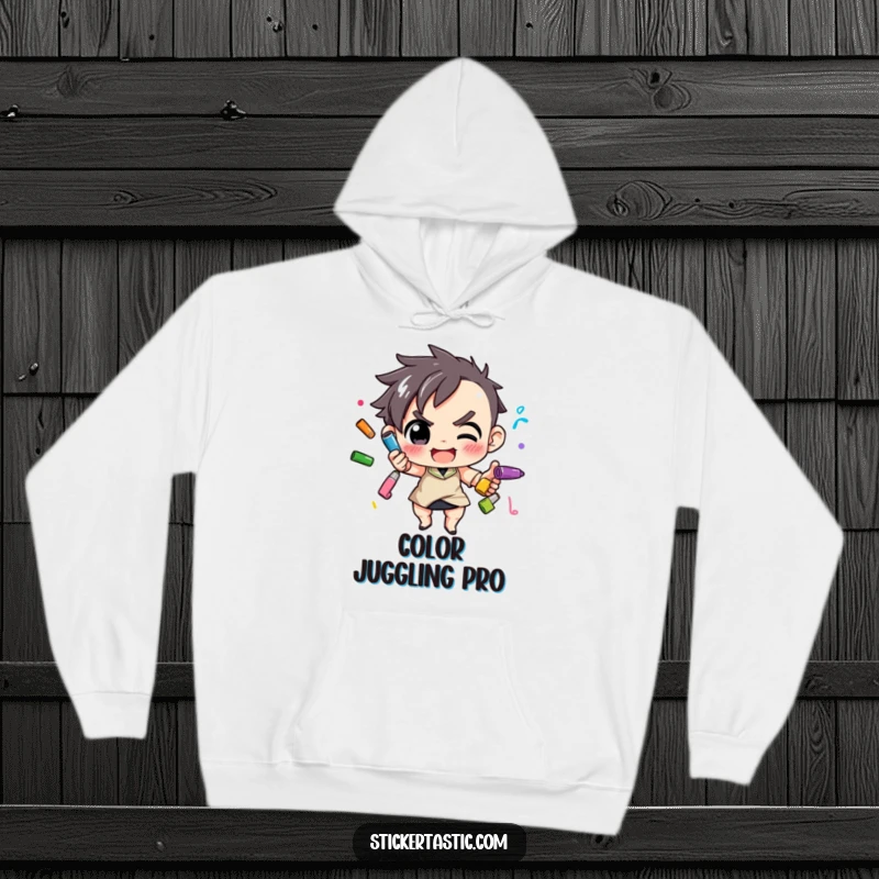Funny Hoodie: Character with intense focus juggling colorful markers, representing artistic determination. Excellent funny gift for creatives.