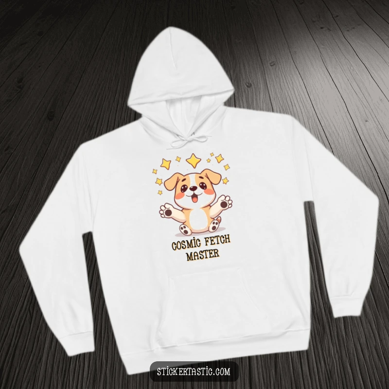 Funny surprised dog hoodie depicting a dog humorously catching falling stars, perfect for cozy nights and celestial dreams.