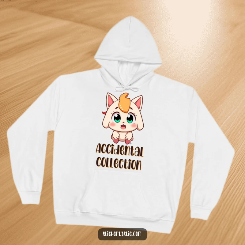 Funny character with wide, amazed eyes about to catch a falling sticker on a soft hoodie, embodying collecting joy, a wonderful gift.