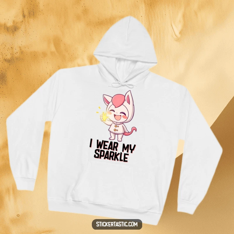 Funny hoodie with a mischievous character giggling while offering a glowing sticker, a warm and witty apparel choice.