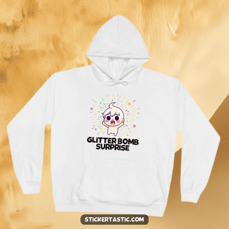Funny hoodie print of a surprised cartoon character recoiling from a glitter bomb explosion, blending comfort with hilarious shock.