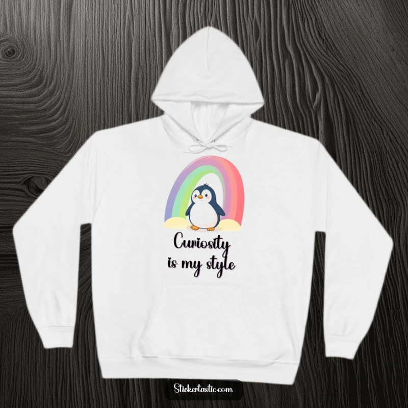 Funny Penguin Hoodie: A soft hoodie featuring a curious penguin peeking from behind a giant rainbow, bringing warmth and whimsical joy.