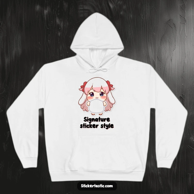 Funny hoodie design of a character with rosy cheeks beaming as they proudly display a one-of-a-kind sticker, celebrating individuality.