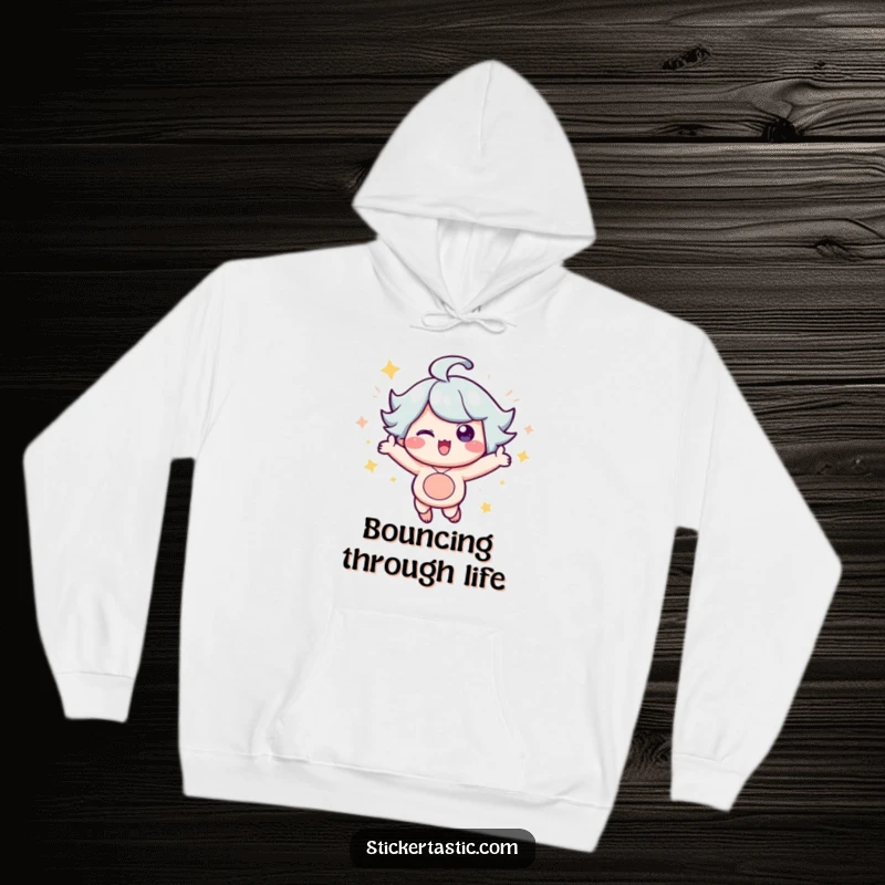 Funny Hoodie: A cheerful character enthusiastically bouncing with joy, enveloped by a magical aura of sparkling dust. Perfect funny gift.