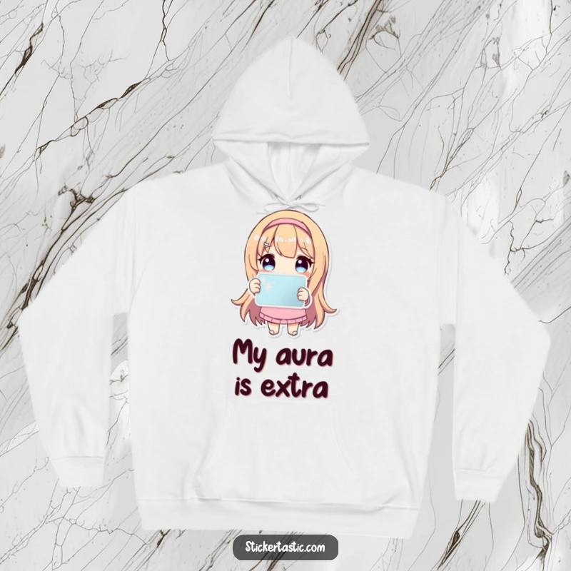 Funny Hoodie: Delightful character proudly displays a glittery, sparkling sticker, perfect for cozy, happy moments.