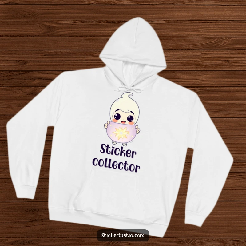 Funny Hoodie: A grinning character presenting a magnificent, sparkling sticker, spreading festive cheer. Excellent funny gift.