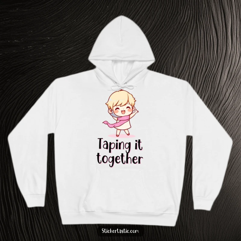 Funny Hoodie: A happy character doing a lively dance with a roll of tape, symbolizing organized fun. Excellent funny gift.