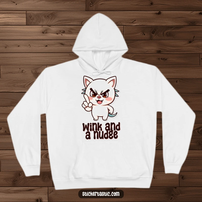 Funny hoodie depicting a mischievous character giving a knowing wink and a playfully pointed finger, adding personality.