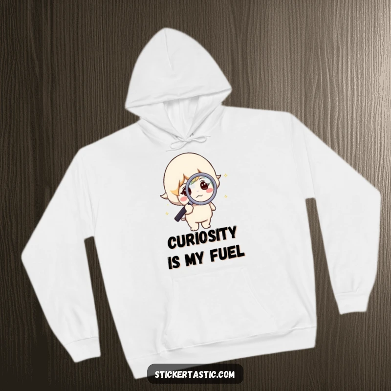 Funny hoodie featuring a detailed character using a magnifying glass to closely inspect a sparkling gem. Warm and humorous.