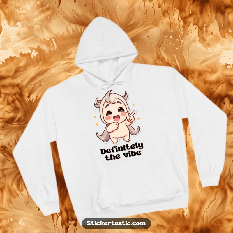 Funny hoodie depicting a character pointing with excitement at a vibrant, animated sticker, ideal for sticker enthusiasts.