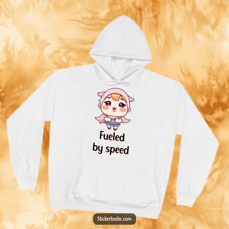 Funny Hoodie: Rosy-cheeked character making a sticker go super fast, radiating excitement. Excellent funny gift.