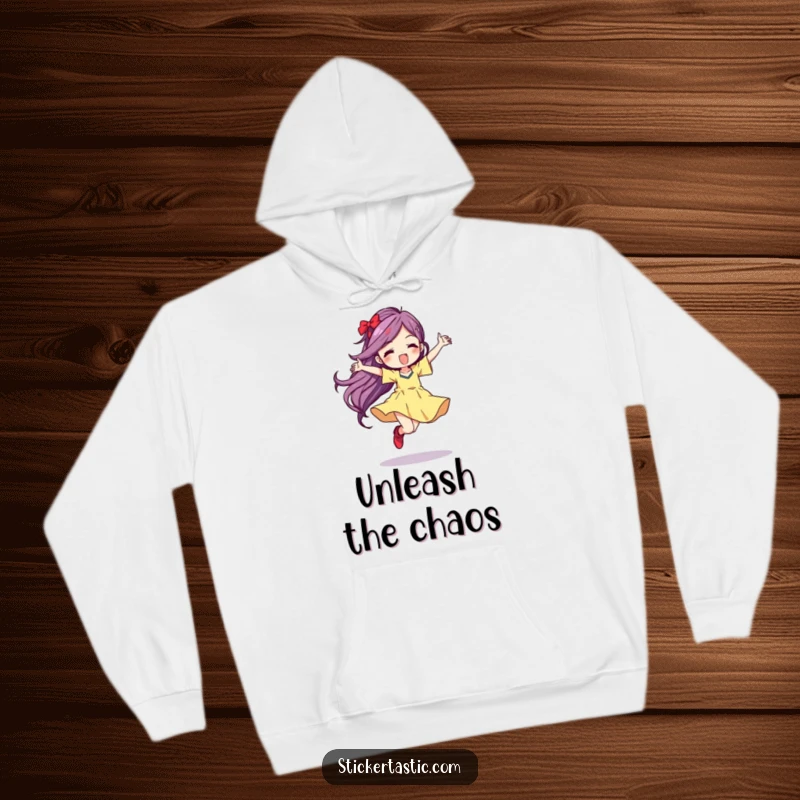 Funny Hoodie displaying a character performing wild dance moves, leaving a spectacular streak of vibrant color, full of life and motion.