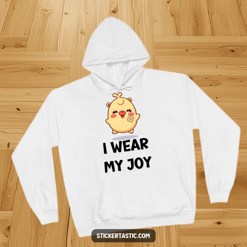 Funny giggling sticker hoodie featuring a character spinning with a sticker playfully on its nose, cozy and full of cheerful humor.