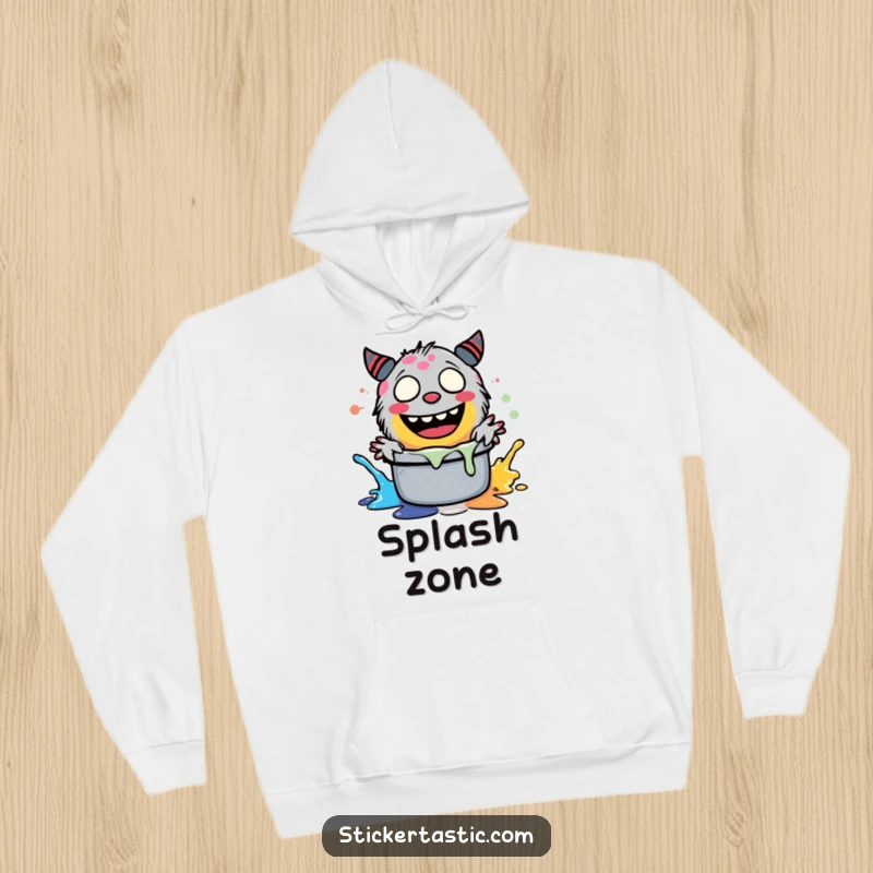 Funny happy monster splashing paint in a pot, depicted on a soft, warm hoodie, symbolizing creative joy and humor.