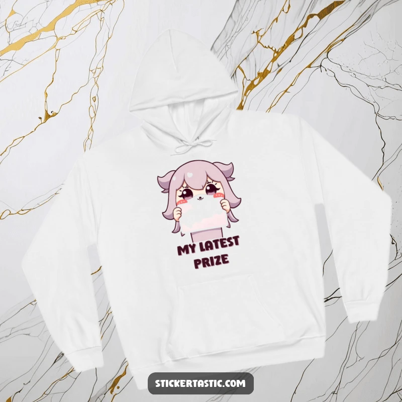 Funny Grinning Character Hoodie: A cute character with a wide, surprised grin holds up a colorful sticker, perfect for cozy wear.