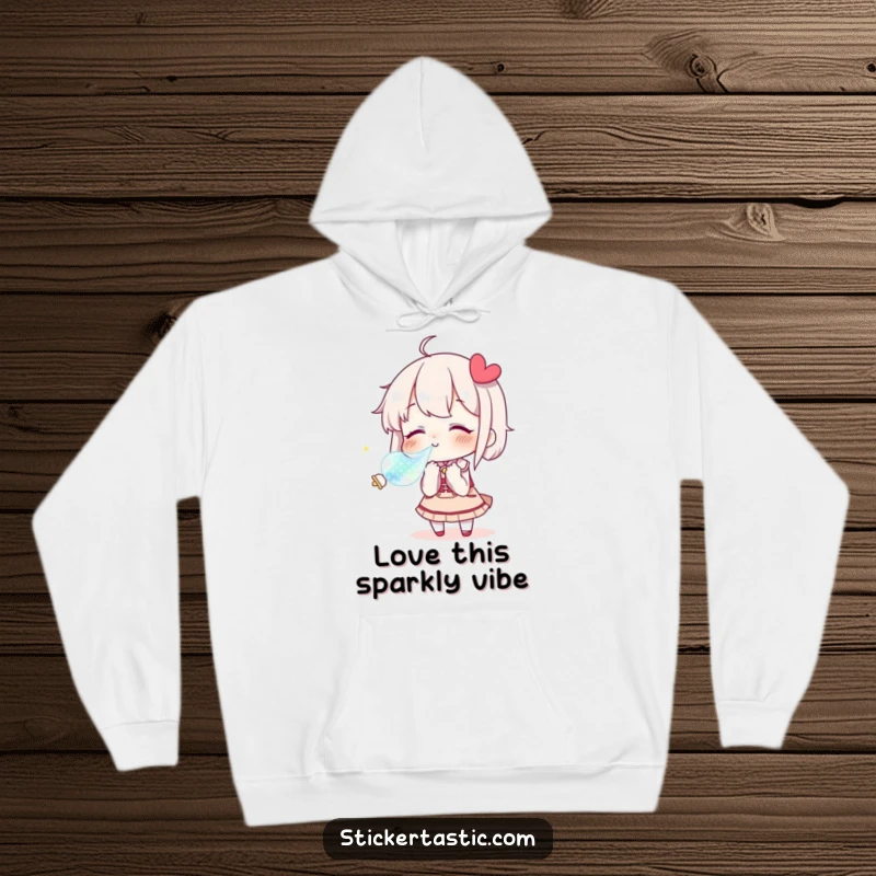 Funny Hoodie with a character blowing a kiss towards a shimmering sticker, designed for cozy affection and humor.