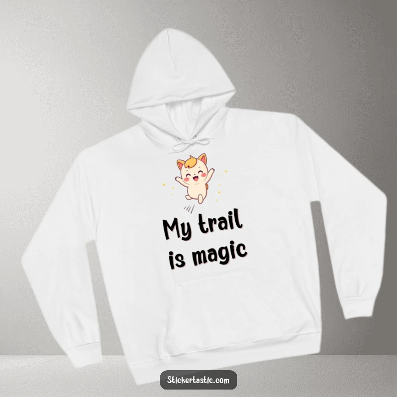 Funny leaping character hoodie featuring a cute character mid-leap, surrounded by enchanting and colorful sparkly trails.