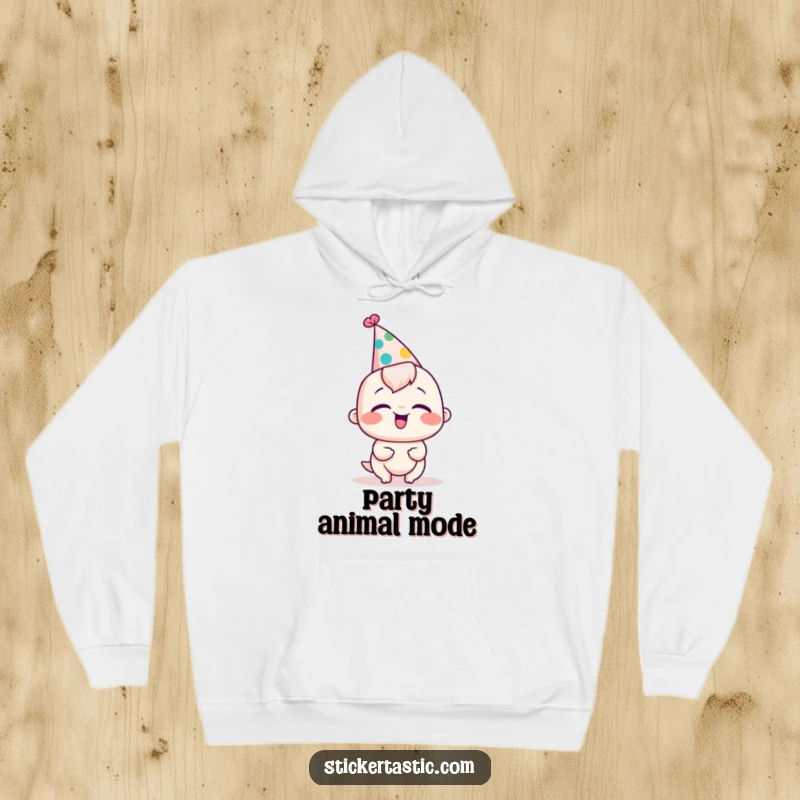 Funny hoodie featuring a character in a silly party hat, erupting in giggles. Soft and humorous loungewear.