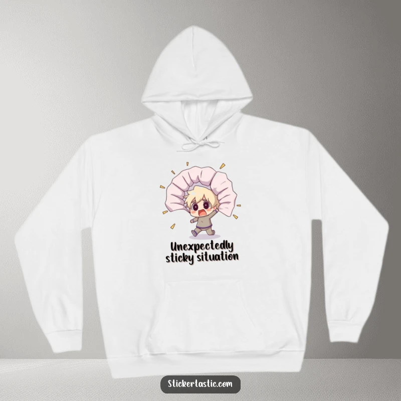 Funny hoodie depicting a shocked character thrown back by a gigantic unfurling sticker, conveying comical surprise and alarm.