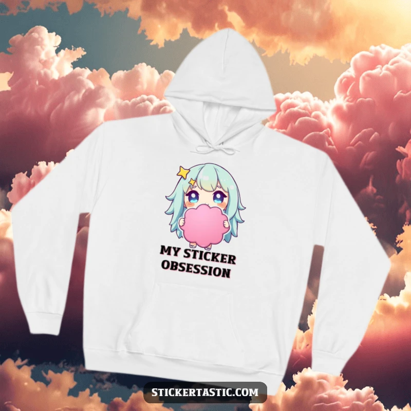 Funny starry-eyed character hoodie depicting a character captivated by a large, colorful sticker, eyes sparkling with delight.