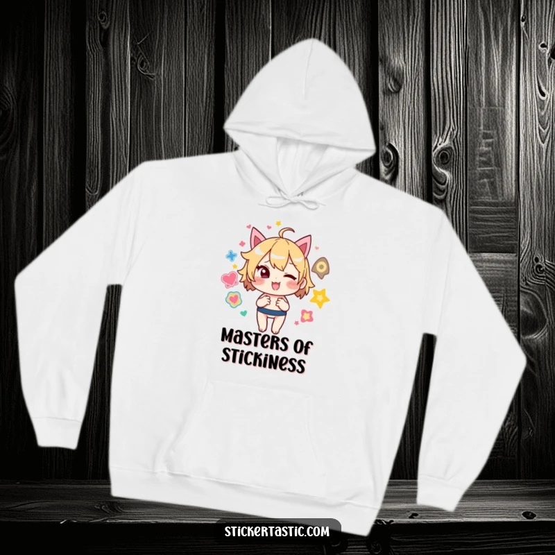 Funny Hoodie: Mischievous character winks while skillfully juggling a cascade of colorful stickers, perfect for cozy fun.