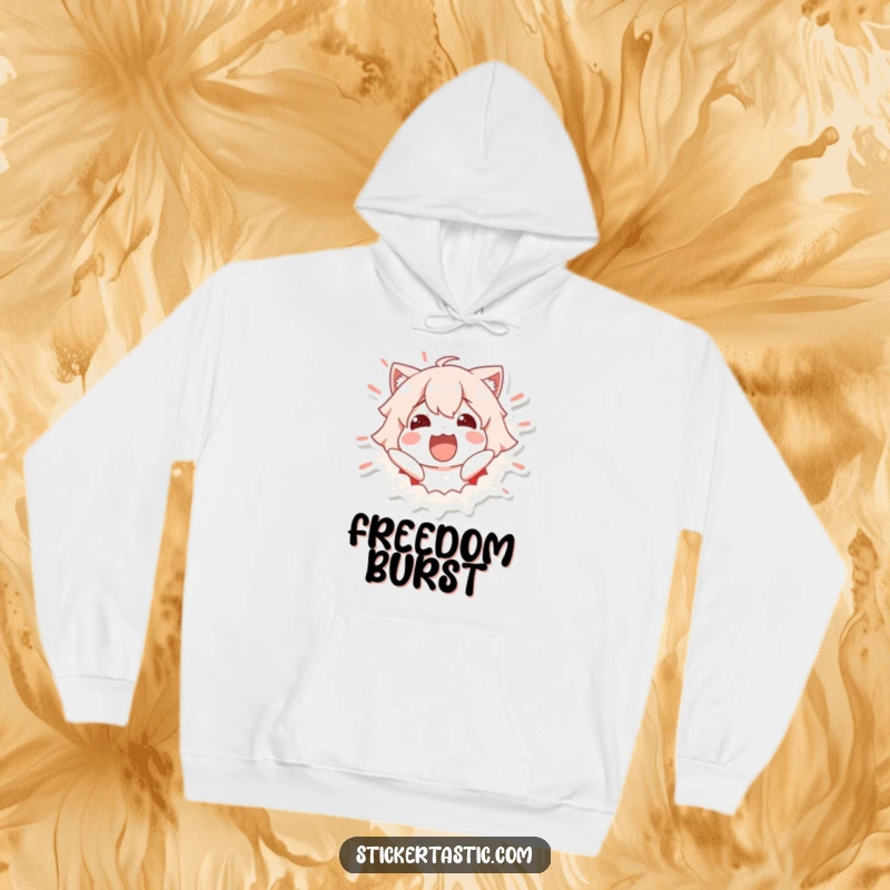 Funny Hoodie: Excited character bursting out of a sticker with an energetic expression. Great funny gift.