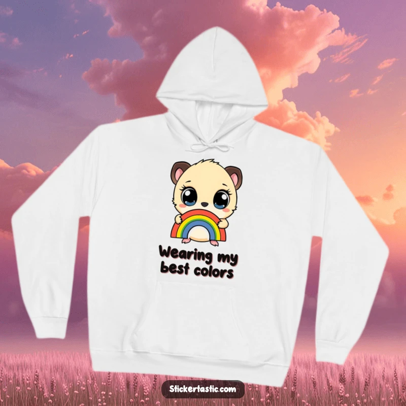 Funny hoodie with a small creature sporting wide eyes, holding a rainbow sticker, perfect for cozy and whimsical wear.
