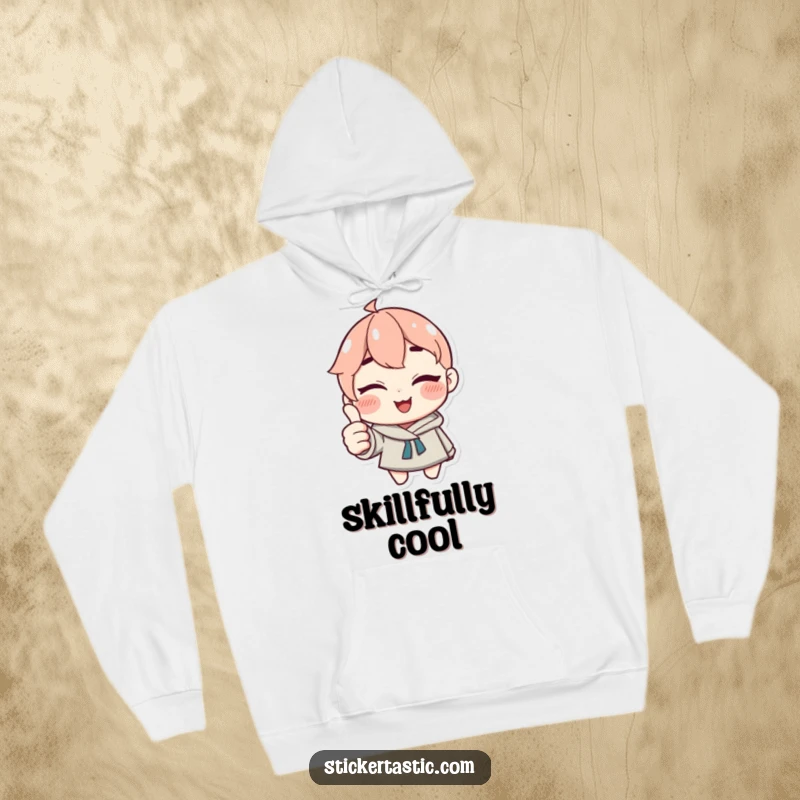 Funny Hoodie: Character winking and giving a thumbs up with a sticker, appearing assured and cheerful. Great funny gift.