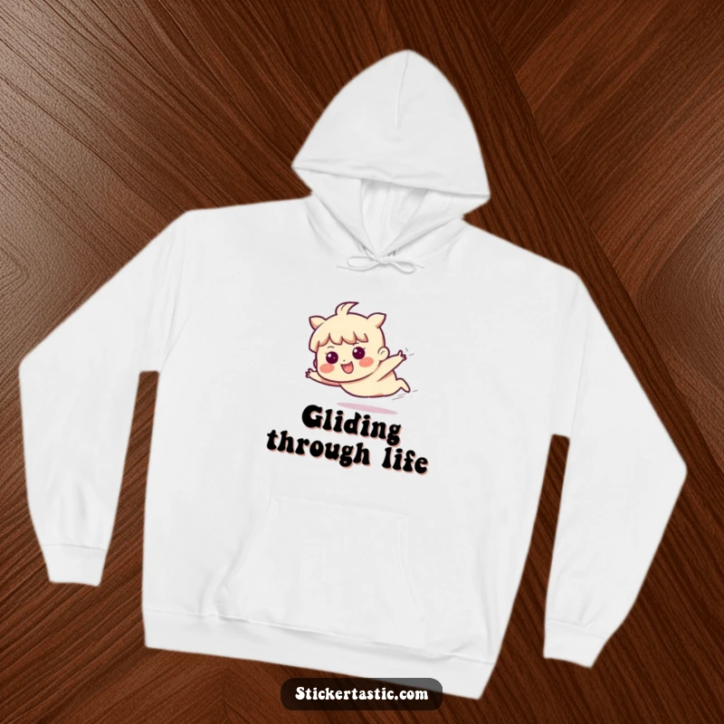 Funny hoodie depicting a character sliding across a surface with a cheerful and determined expression, embodying forward momentum.