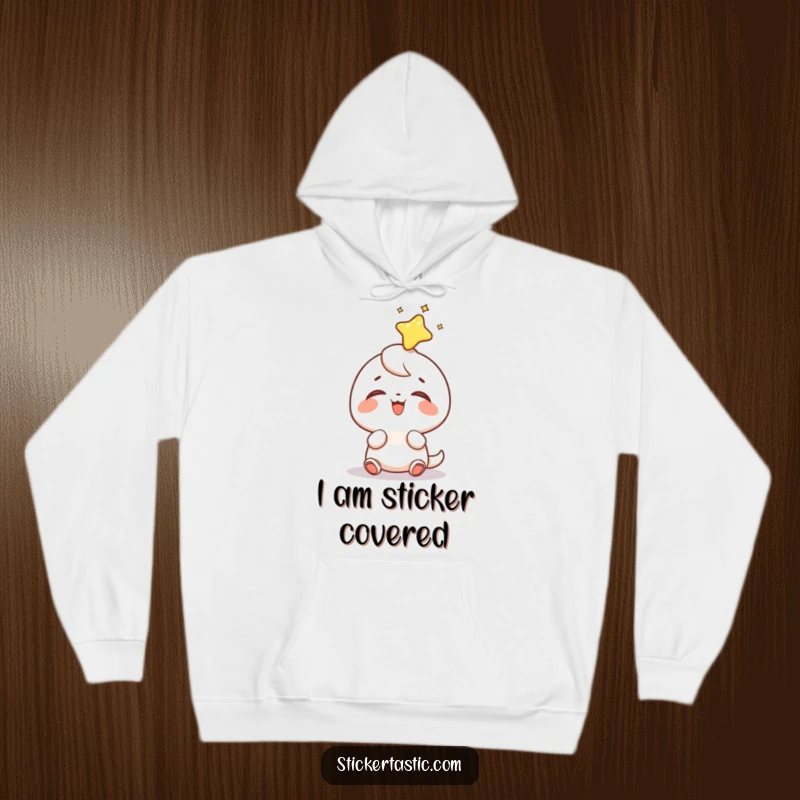 Funny sticker head hoodie capturing a tiny character's ecstatic giggle as a shiny sticker lands perfectly on its head, a cozy delight.
