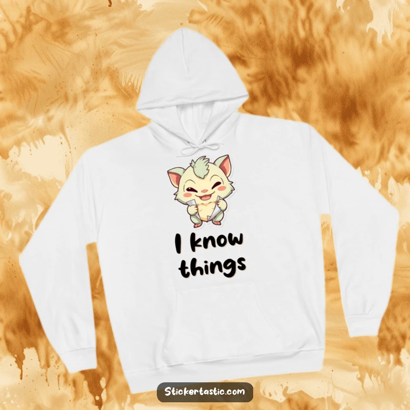 Funny creature with a sly, mischievous grin peeling a sticker on a hoodie, suggesting secretive fun and comfort.
